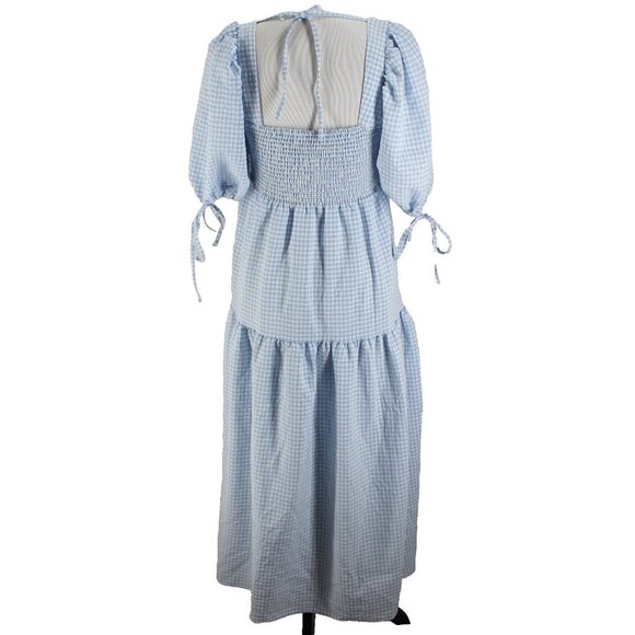 Asos Design Gingham Midi Dress Womens Size 4 Bue White Check Square Neck Smocked - Picture 5 of 7